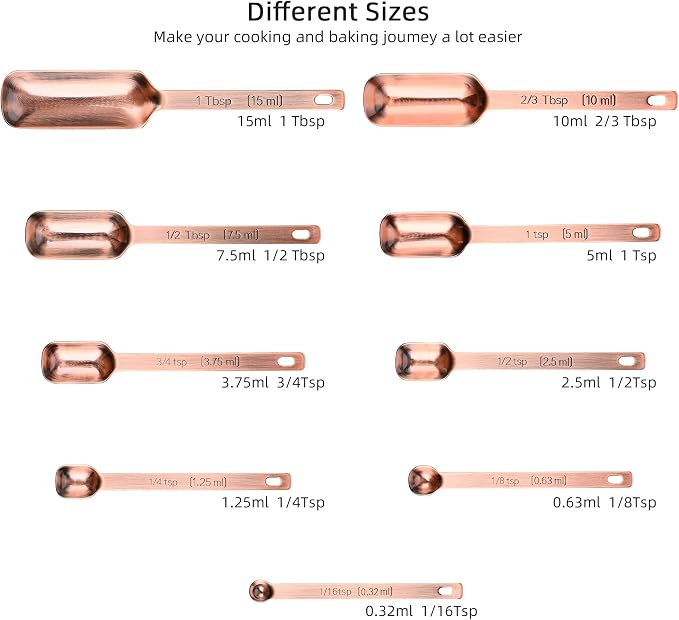 Copper Measuring Cups and Spoons Set, Stainless Steel Measuring Cups and Spoons Set, Metric & US 7 Measure Cup & 9 Long MeasureSpoon,1Leveler & 1Measure Equivalents for Kitchen & Baking