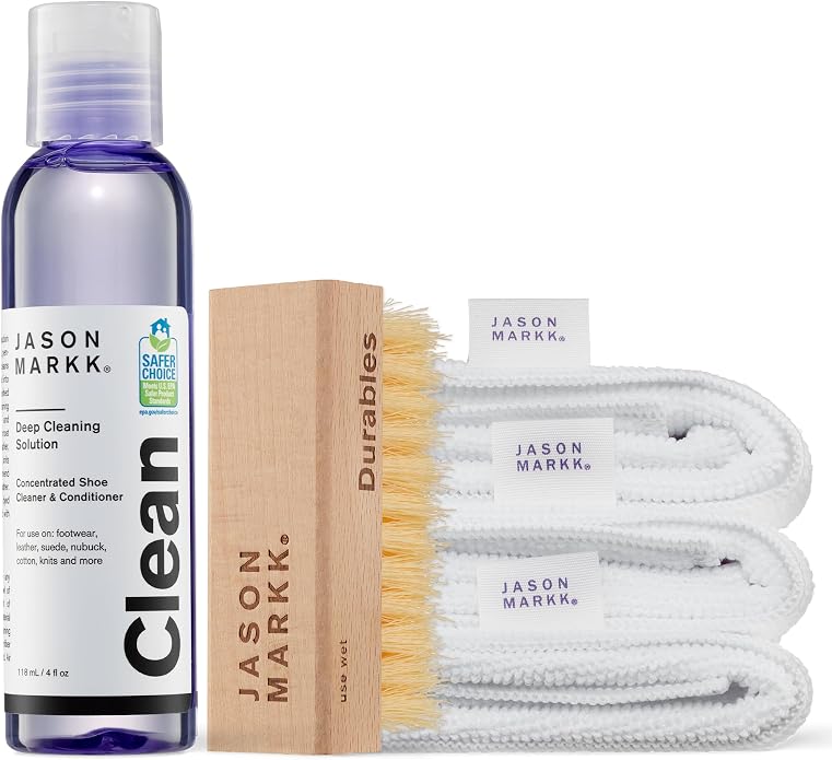Jason Markk Essential Kit Shoe Cleaner & Microfiber Towels, 5-Piece Set, Deep Cleaning Solution, Durables Brush & 3 Pack Microfiber Towels, Sneaker Care, Ideal for Footwear