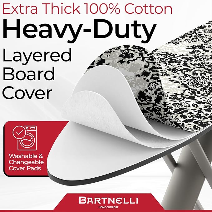 Bartnelli Pro Luxury Ironing Board - Extra Wide 51x19 Ironing Surface, Ultra-Premium Aluminum Build, Includes Steam Iron Rest, Adjustable Height, Foldable, European Made
