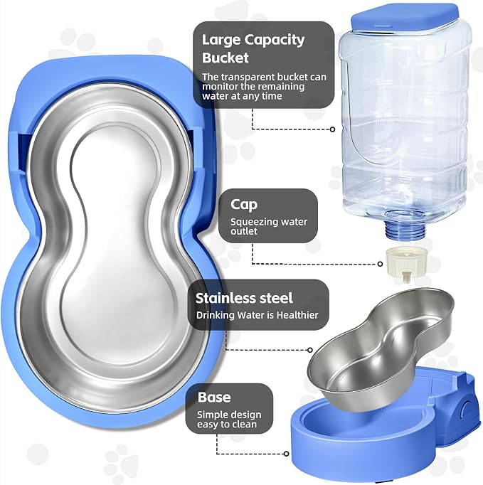 HWONMTE Portable Automatic Cat Feeder and Water Dispenser with Stainless Steel Bowl Dog Gravity Food Feeder and Waterer for Small Medium Pets Puppy Kitten 1 Gallon x 2 (Sapphire Blue)