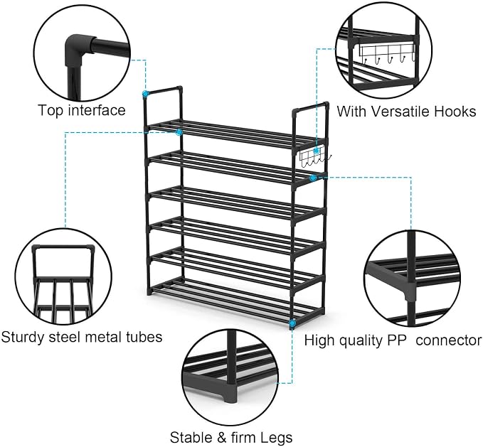 Hsscblet 6 Tiers Metal Shoe Rack,Adjustable Shoe Shelf Storage Organizer with Hooks,Stackable Boot & Shoe Storage,for Entryway,Hallway,Closet,Black