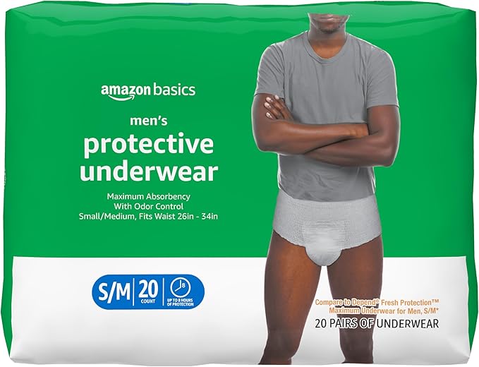 Amazon Basics Maximum Absorbency Incontinence Underwear for Men with Leak Protection, Dri-Fit Technology, Odor Control, Cotton Enhanced, Small/Medium, 20 Count