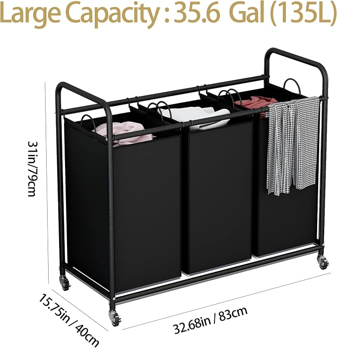 LINZINAR 3 Section Laundry Hamper, Black Laundry Basket 135L Laundry Sorter | Laundry Room Organization with Heavy Duty Rolling Lockable Wheels and Removable Bag, Bedroom Laundry Cart for Clothes Storage