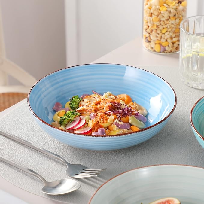 vancasso Bonita 38 oz Ceramic Pasta Bowls Set of 6, Microwave & Dishwasher Safe, 8.5 Inch Elegant Shallow Bowls Set for Pasta, Salad, & Soup – Large Capacity Pasta Plates Sets, Blue