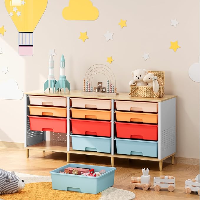 12 Drawers Storage Cabinet with Wooden Top and Plastic Bins, Toy Storage Organizer Toy Shelf Storage Chest Cubby Organizer for Home, Office, Playroom, Classroom & Craft Room Storage (Multicolored)