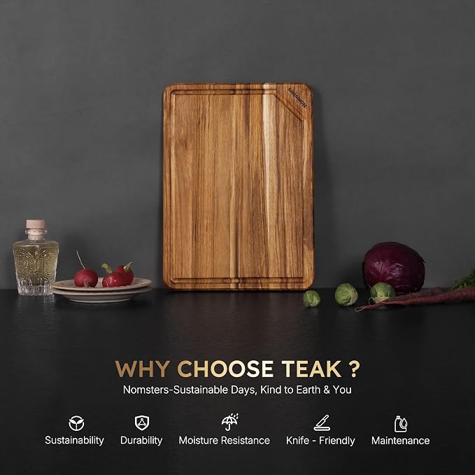 13'' Teak Wood Cutting Board for Kitchen Non Slip Over Sink Charcuterie Board Serving Heavy Duty Non Toxic Wooden Chopping Board Thick Haus Organic Edge Grain Wood House Warming Hostess Host Gift