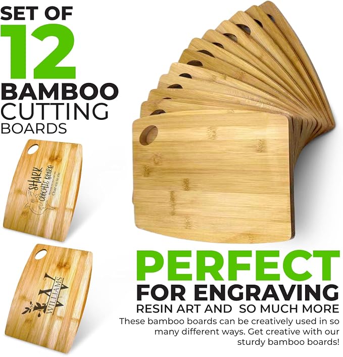 Bulk Round Plain Bamboo Cutting Board with Handle (Set of 12) | Use For Customized, Personalized Engraving | Wholesale Premium Blank Bamboo Board (Rectangular 12" X 9")