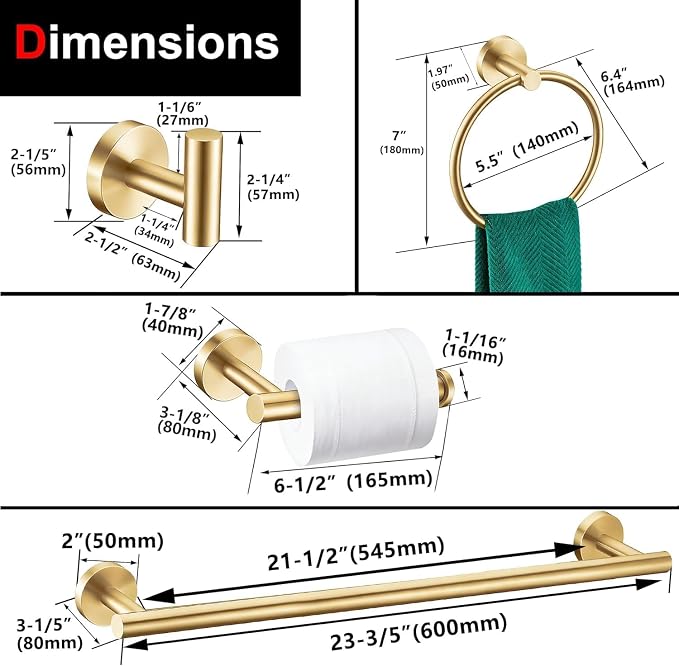 5 Pieces Bathroom Hardware Accessories Set Brushed Gold, 24Inch Bathroom Towel Rack Set SUS304 Stainless Steel, Round Toilet Paper Holder Heavy Duty, Wall Mounted
