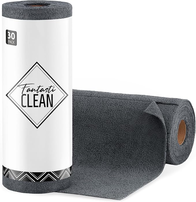 Fantasticlean Microfiber Cleaning Cloth Roll -30 Pack, Tear Away Microfiber Towels, 12" x 12", Reusable, Washable, Scratch Free, Ultra Absorbent for All-Around Cleaning Supplies (DimGray)