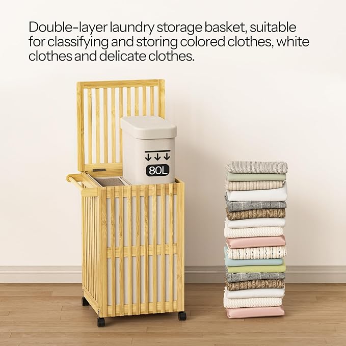 HOOBRO Laundry Hamper with Lid and Wheels, 120 L (31Gal) Double Laundry Basket, Bamboo Clothes Hamper with Handles and Removable Liner, for Laundry Room, Bathroom, Bedroom, Natural YL60XY01