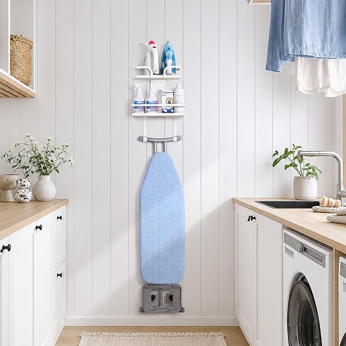VINAEMO Ironing Board Hanger Wall Mount, 2-Layer Iron and Ironing Board Holder, Laundry Room Shelves Solid Wood with Removable Hooks Home Organization and Storage (White)