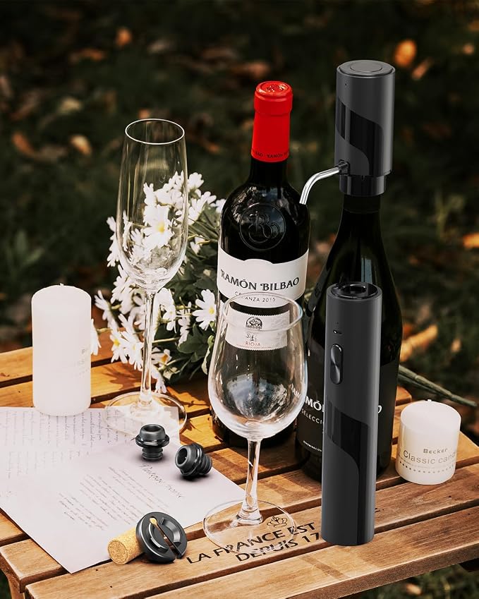 CIRCLE JOY Electric Wine Bottle Opener Set Rechargeable 6-in-1 Wine Set with Foil Cutter, Electric Wine Opener, Electric 2-in-1 Wine Aerator & Pourer, Electric Vacuum Pump and 2 Wine Stoppers, Black