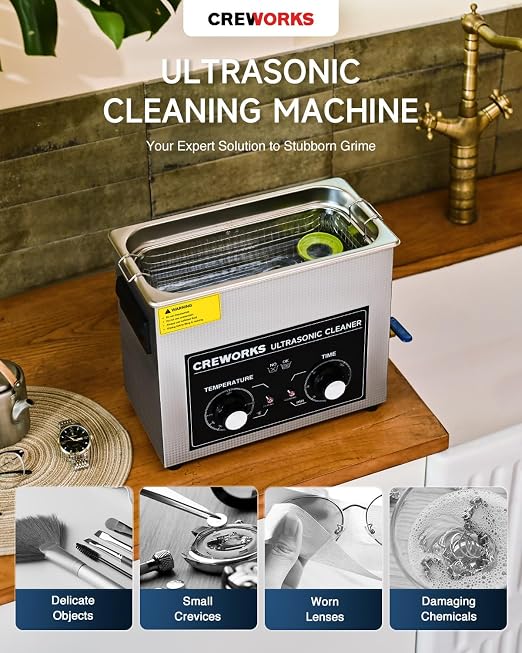 CREWORKS 6.5L Ultrasonic Cleaner with Knob, 1.7 gal 120W Professional Industrial Auto Cleaning Machine for Tools Watch Glasses Retainer Denture Parts, 40kHz Digital Heated Sonic Cavitation Cleaner