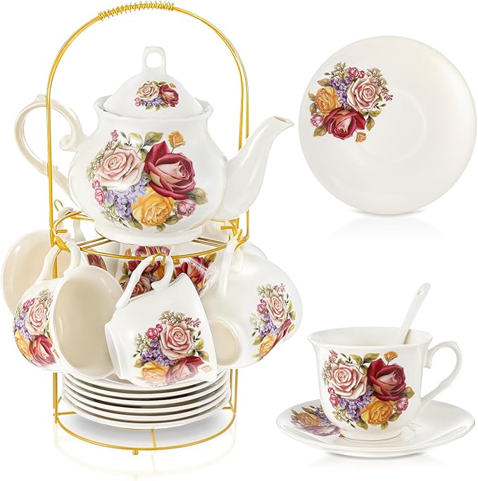 Zhehao 20 Pcs Porcelain Tea Set with Metal Holder and Spoon Adult Ceramic Tea Set European Flower Painting Teapot Cup Saucer Spoon for Women Mom Gift, Large Version (Groovy Style)