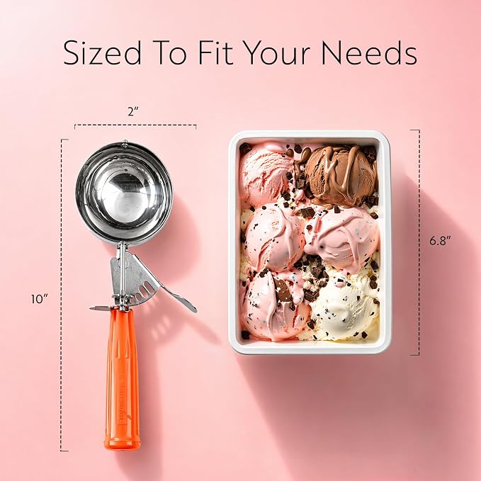 Restaurantware Met Lux 8 Ounce Portion Scoop 1 Durable Disher Scoop - Thumb Trigger Orange Stainless Steel Ice cream Disher For Portion Control For Ice Cream Mashed Potato And Cookie Batter