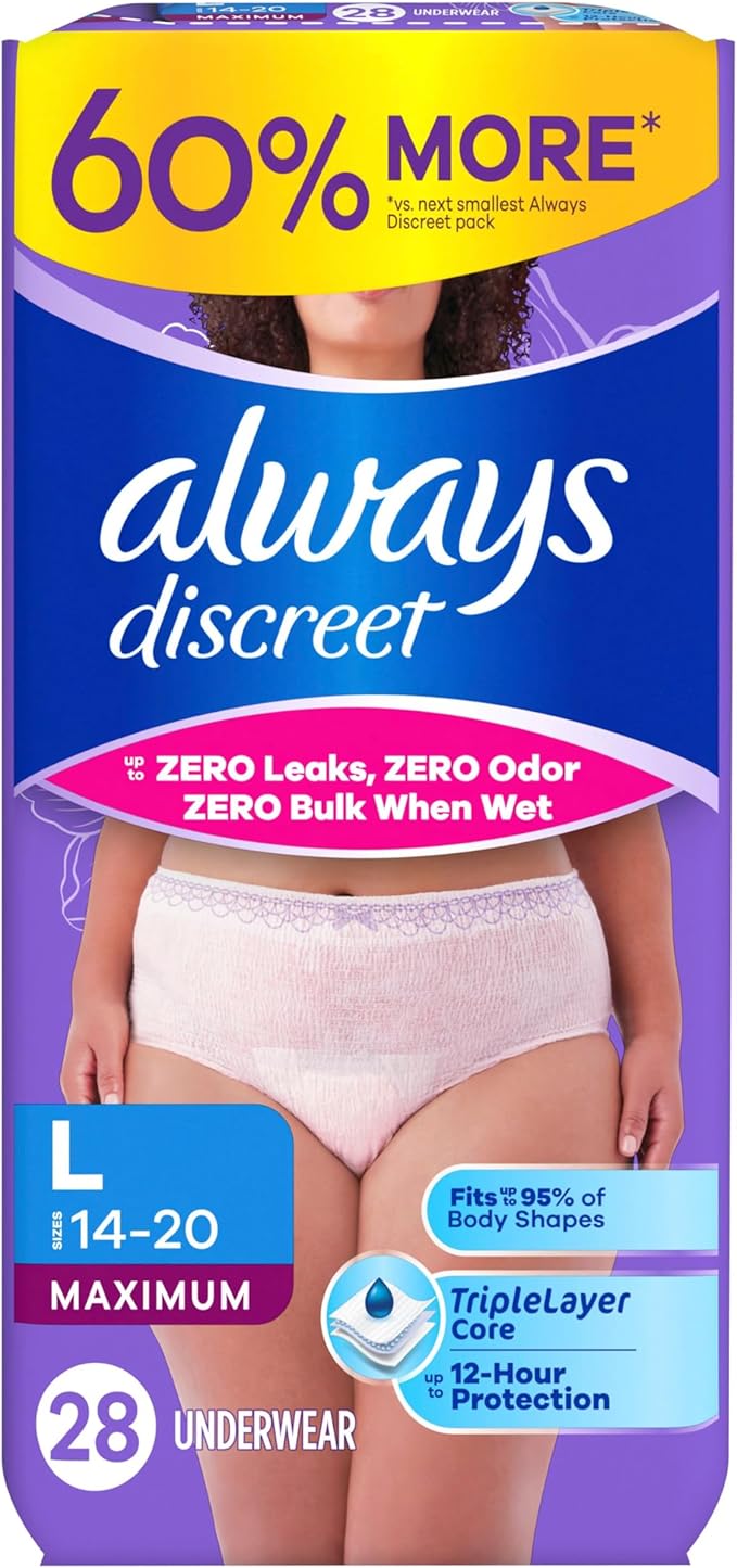 Always Discreet Adult Diapers for Women, Incontinence Underwear, Postpartum Essentials, Disposable Briefs, Max Absorbency, Bladder Leak Protection, Large, 28ct