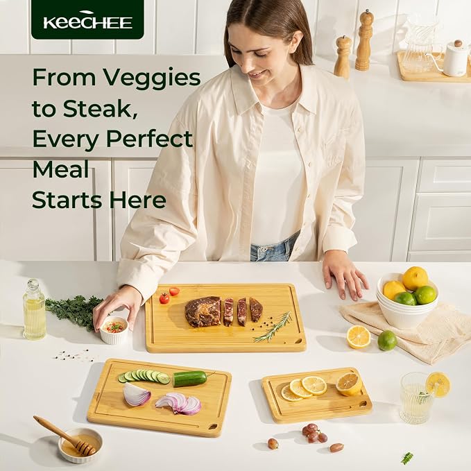 Keechee Bamboo Cutting Board, Cutting Board for Kitchen with Handles | Deep juice grooves, built-in handles, versatile 3 piece set for everyday cooking and chopping