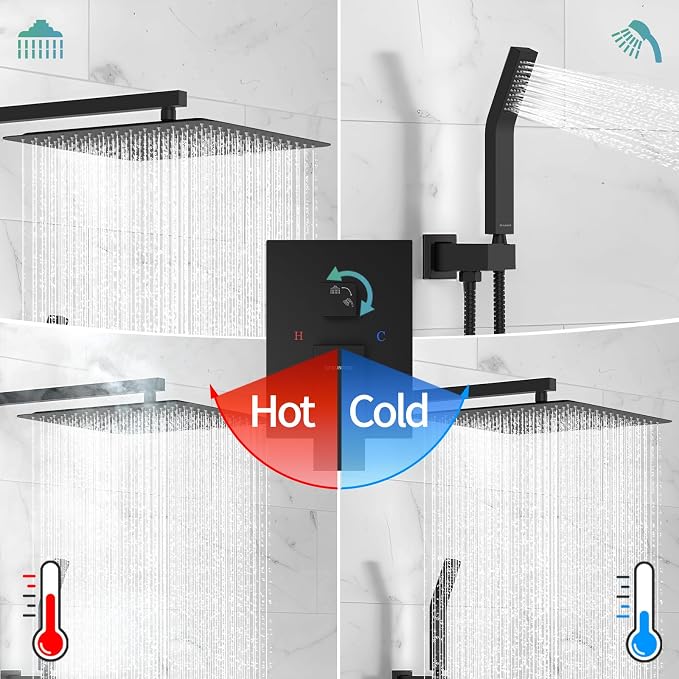 SR SUN RISE Matte Black Square Rainfall Shower Head and Handle Set, Wall Mounted Shower Fixtures, Metal Shower Faucet Trim Repair Kits (With Shower Valve) 16 Inches