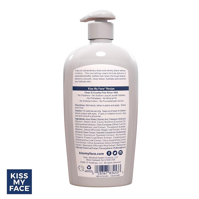 Kiss My Face Moisture Shave Cream, Fragrance Free Shaving Cream for Men and Women, 11 oz Pump Bottle, Pack of 4 (Packaging May Vary)