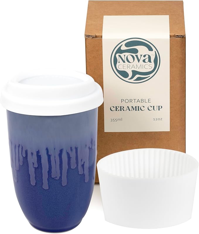 NOVA CERAMICS Ceramic Tumbler– Blue Ceramic Mug – Microwave & Dishwasher Safe Coffee White & Orange Tumbler - Leak-Proof Coffee Travel Mug – 12oz – Neptune