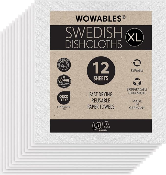 Swedish Dishcloths for Kitchen XL, 12 Sheet Roll, Biodegradable & Compostable, Reusable Paper Towel Cleaning Cloths, 11" x 10", No Odor, Washing Dishes, Ultra Absorbent Cellulose Sponge Towel, By LOLA