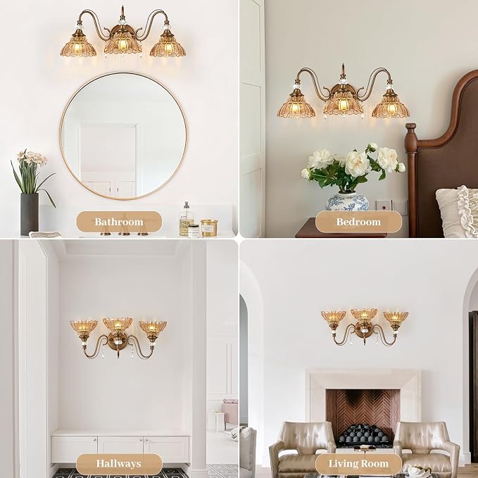 Vintage Bathroom Vanity Light, 3-Light Matte Antique Brass Finish Wall Sconce with Hanging Crystal Accents and Flower-Shaped Amber Glass Shades, Retro Wall Mount Vanity Light Over Mirror for Bathroom