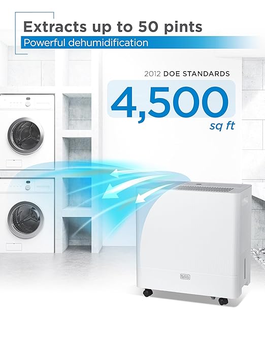 BLACK+DECKER Portable Dehumidifier with Built-in Pump, Extracts 50-Pint Per 24-Hours, Dehumidifier with Pump for up to 4500 Sq. Ft., 12.68-Pint Bucket, Energy Star Certified, BDM50PWCDA, White