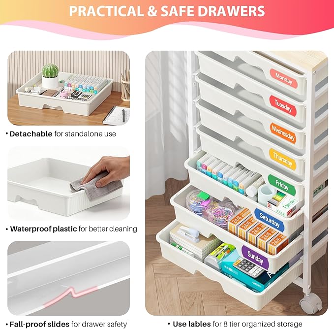Goovilla Rolling Cart with Drawers, Utility Cart Organizer With 8 Removable Drawers and Wooden Tabletop, Lockable Rolling Storage Organizer for Art, Classroom, Home, Dorm, Office, Craft Storage, White