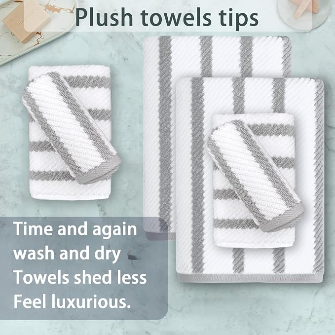 VOOVA & MOVAS 6PC Towel Set, 100% Cotton, Gray Beige | 2 Large Bath Towels 30x56 In, 2 Hand Towels 18x28 In, 2 Washcloths 13x13 In, Quick Dry, Thick, Soft, College Dorm Towels