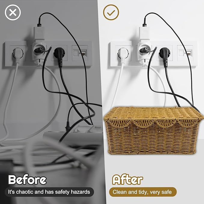 Scalloped Edge Handmade Cable Management Box, Elegant Plastic Rattan Cable Organizer, 2 Open Slots Sturdy Cord Hider Box, Under Desk Cord Organizer for Home TV Wires Computer Router USB Hub Strip (1)