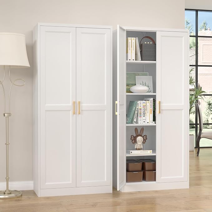 Steeloong 71"Metal Pantry Storage Cabinet with Doors & 4 Adjustable Shelves | Kitchen Pantry Cabinet,White Kitchen Cabinet with 2 Gold Handles,Tall Cabinet for Livingroom,Pantry, Bathroom,Kitchen
