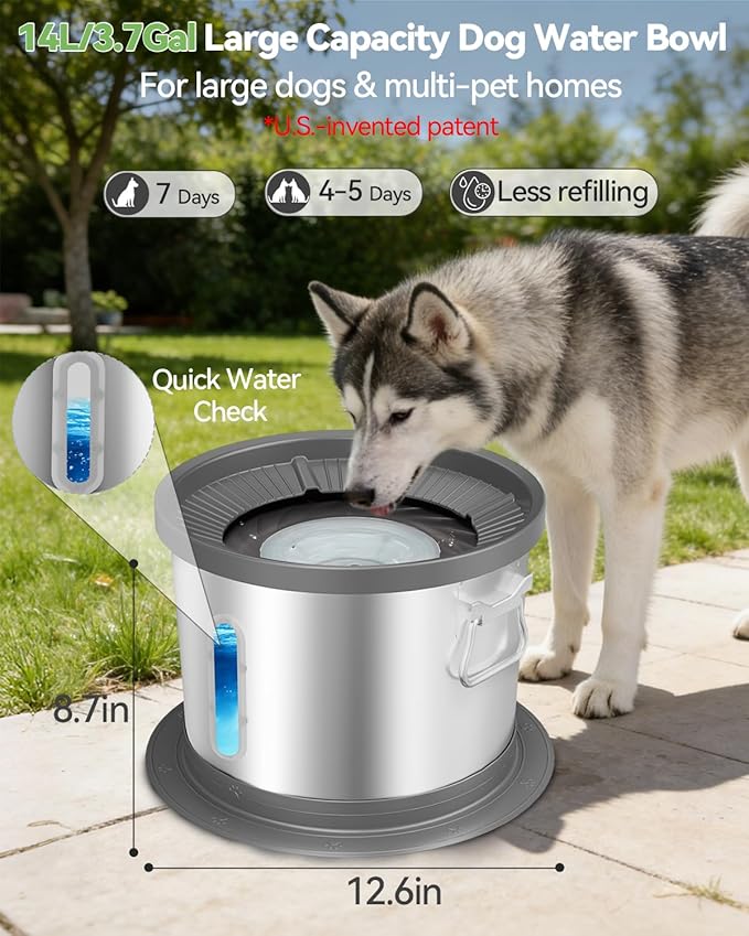 UPSKY 14L No Spill Dog Water Bowl, Spill Proof Slow Drinking for Large Dogs | Extra-large Capacity, 304 Stainless Steel, Dual-suction Anti-slip Base, Floating Disk, Water Window, For Messy Drinkers, Grey