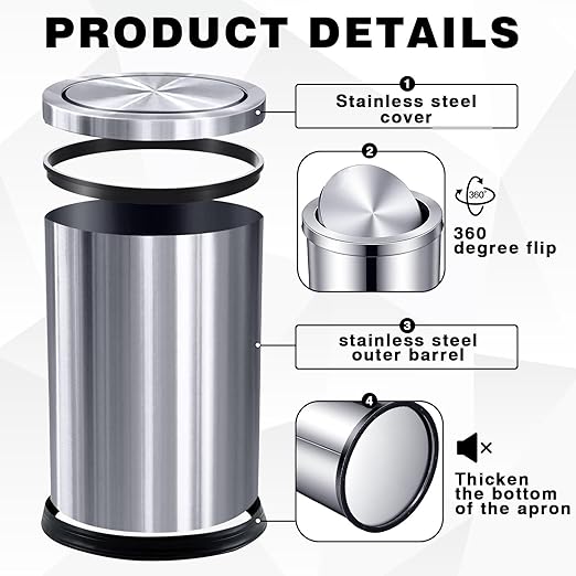 Maxdot 2 Pcs 2.4 Gallon/9 L Silver Bathroom Trash Can with Flip Lid and Toilet Brush Set, Small Luxury Stainless Steel Garbage Trash Can Wastebasket Bin for Home Office Hotel Bathroom Bedroom Kitchen