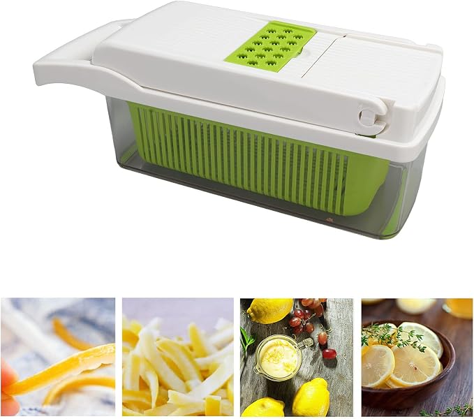 Vegetable Cutter Peeler Chopper Grater, Stainless Steel Kitchen Tool with Anti - Slip Handle and Blade Container for Potato Carrot Onion, 12 - Piece Set for Home (White)