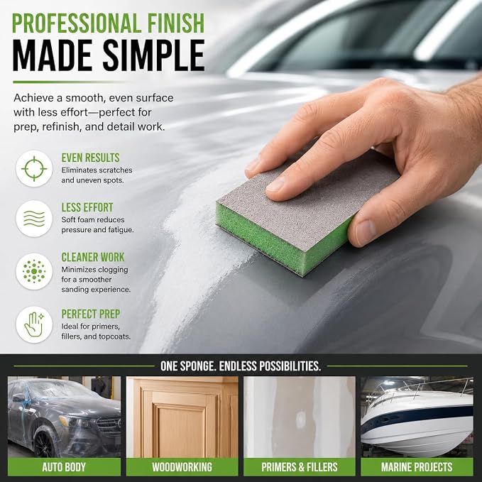 Indasa Rhyno Double Sided Sanding Sponge Pads – Aluminum Oxide, 4.75" x 3.75" x 1/2" – Flexible Foam Sanding Block (100 Pack) (Green (400–600 Grit))