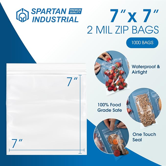 Spartan Industrial - 7” X 7” (1000 Count) 2 Mil Clear Reclosable Zip Plastic Poly Bags with Resealable Lock Seal Zipper