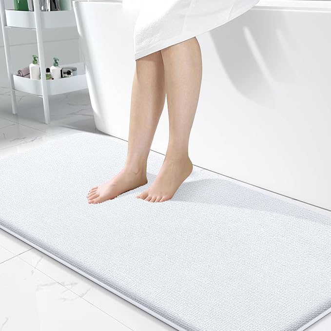OLANLY Memory Foam Bathroom Runner Rugs 47x24, Absorbent Long Mat, White | Soft Quick Dry Bath Mat Rugs, Non-Slip, Machine Washable Mat for Bathroom Floor, Tub and Shower, Home Decor Accessories