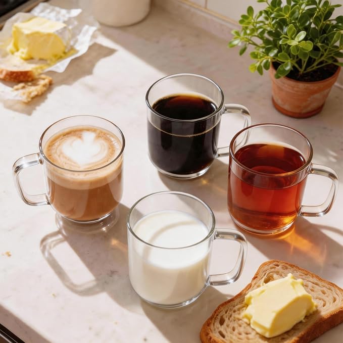 Glass Coffee Mugs, 8 oz iced coffee cups, Clear Tea Cups Set of 4, Glass Mugs with Handles, Glass Cups for Latte, Cappuccino, and Tea
