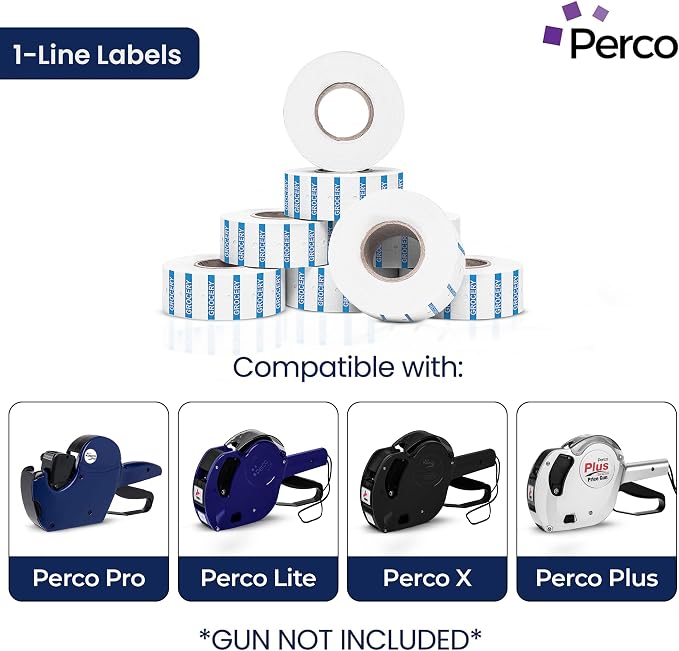 Perco 1 Line Blue Reverse Print on White Grocery Labels—80,000 Labels for Perco Lite, X, Plus & Pro Guns—with Tamper-Proof Design for Supermarkets, Corner Stores and More—80 Rolls, 10 Sleeves—USA Made