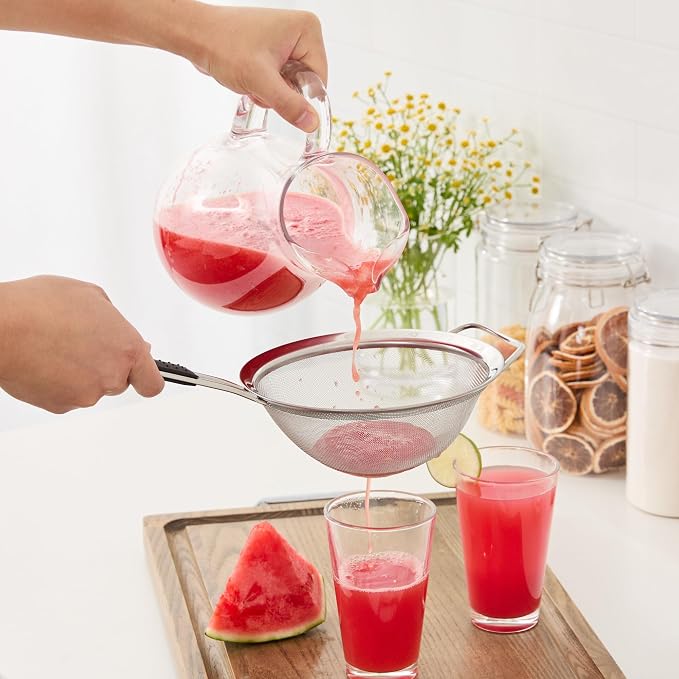 Restaurantware Fine Mesh Strainer 1 Count 14.4" x 7" x 2.9" with Silicone Handle Stainless Steel Extra Fine Mesh Strainer Heat-Resistant Handle Dishwasher-Safe for Rice, Quinoa, Pasta