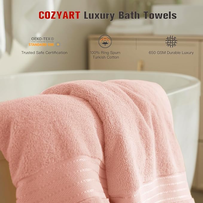 COZYART Luxury Bath Towel Set 6 Pcs, Soft Pink 100% Turkish Cotton 650 GSM | OEKO-Tex 100 Certified Zero Twist Ring Spun, Soft Absorbent Quick Dry, Plush Fluffy, Breathable Hotel Quality for Daily Use