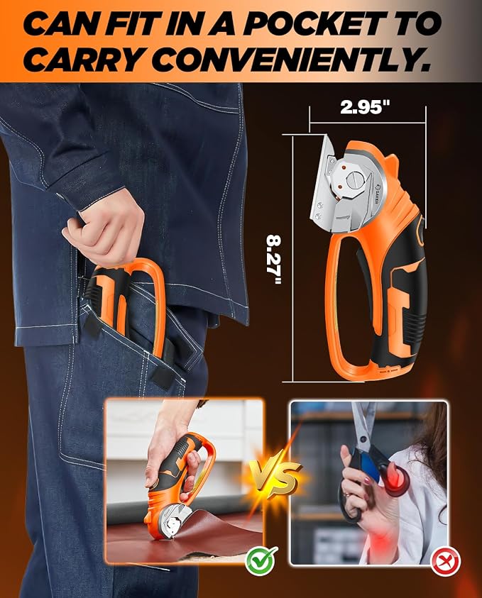 Saker Box Cutter Electric Cordless: Card board Cutter Scissors for Fabric Leather Paper Plastic - Cardboard Cutting Tool with 4V Recharged Battery - Safety Lock and LED Light for Cutting,Orange
