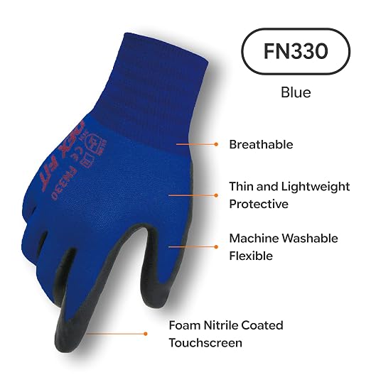 DEX FIT Nitrile Work Gloves FN330, 3D Comfort Fit, Touchscreen Grip Gloves for Warehouse, Construction, Package Handling, Delivery & General Work, Men & Women, Blue, L, 12 Pairs