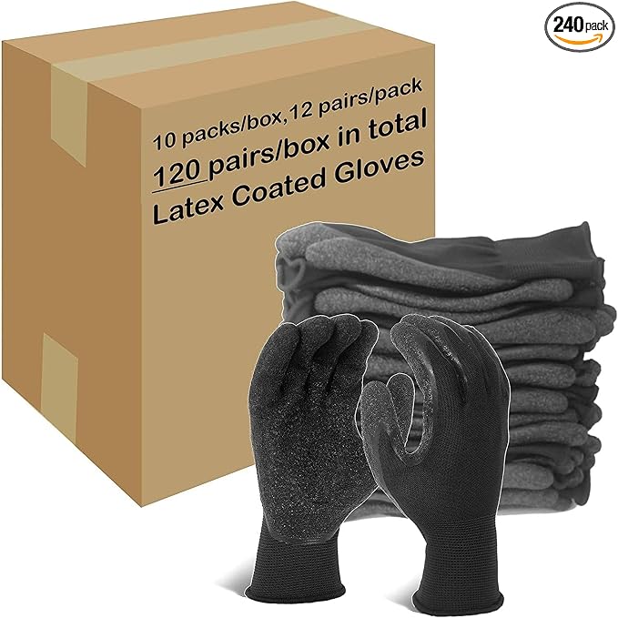 Evridwear Crinkle Latex Rubber Hand Coated Safety Work Gloves for Men Women General Multi Use Construction Warehouse Gardening Assembly Landscaping,Black Medium 120 Pairs Pack