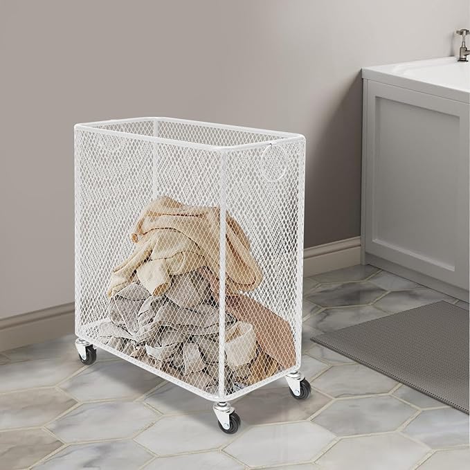 Rolling Laundry Hamper with Wheels Metal Wire Laundry Basket Cart Heavy Duty Clothes Toy Sundries Storage Organize Hamper Bin for Living Room Bathroom Closet Bedroom (White, Rectangle)