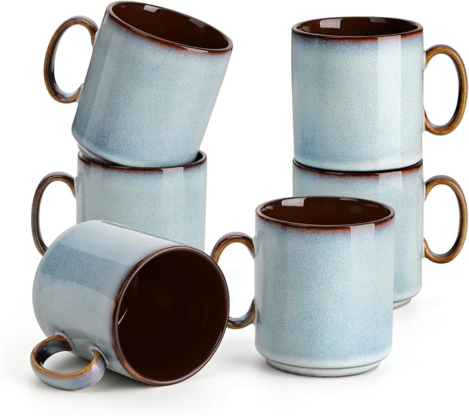 vancasso ONION Ceramic Coffee Mugs Set of 6, 12 Oz Coffee Cups for Latte, Cappuccino & Hot Cocoa, Artisan Modern Style for Coffee Bar, Home & Kitchen, Microwave & Dishwasher Safe, Light Blue Gray