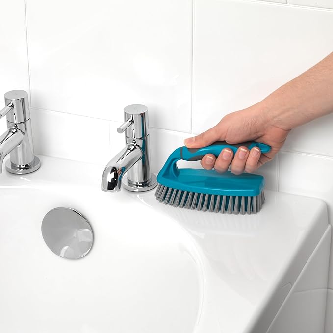Beldray LA024152TQ Cleaning Bundle with Broom, Dustpan and Brush Set, Scrubbing Brush & Dish Brush, Long Handled Indoor Floor Sweeping, Washing Up Brushes, Bathroom/Tile/Grout Cleaner, Soft Grip, Blue