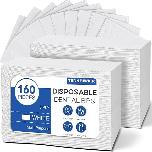 160 Pack Disposable Dental Bibs 13"x18", 3-Ply Waterproof Tattoo Bibs Sheet for Nail Salon, Dental Clinic, Feeding, Tattoo Shop (White)