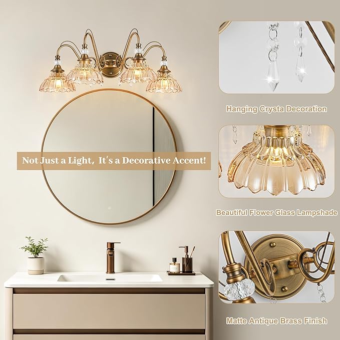 Vintage Bathroom Vanity Light, 4-Light Matte Antique Brass Finish Wall Sconce with Hanging Crystal Accents and Flower-Shaped Amber Glass Shades, Retro Wall Mount Vanity Light Over Mirror for Bathroom