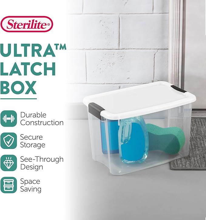 Sterilite 12-Pack 30 Quart Ultra Latch Box, Clear Storage Organizer Bins w/Latching Lids - Stackable Plastic Containers for Home Organization in Garage, Attic, Basement, and Closet